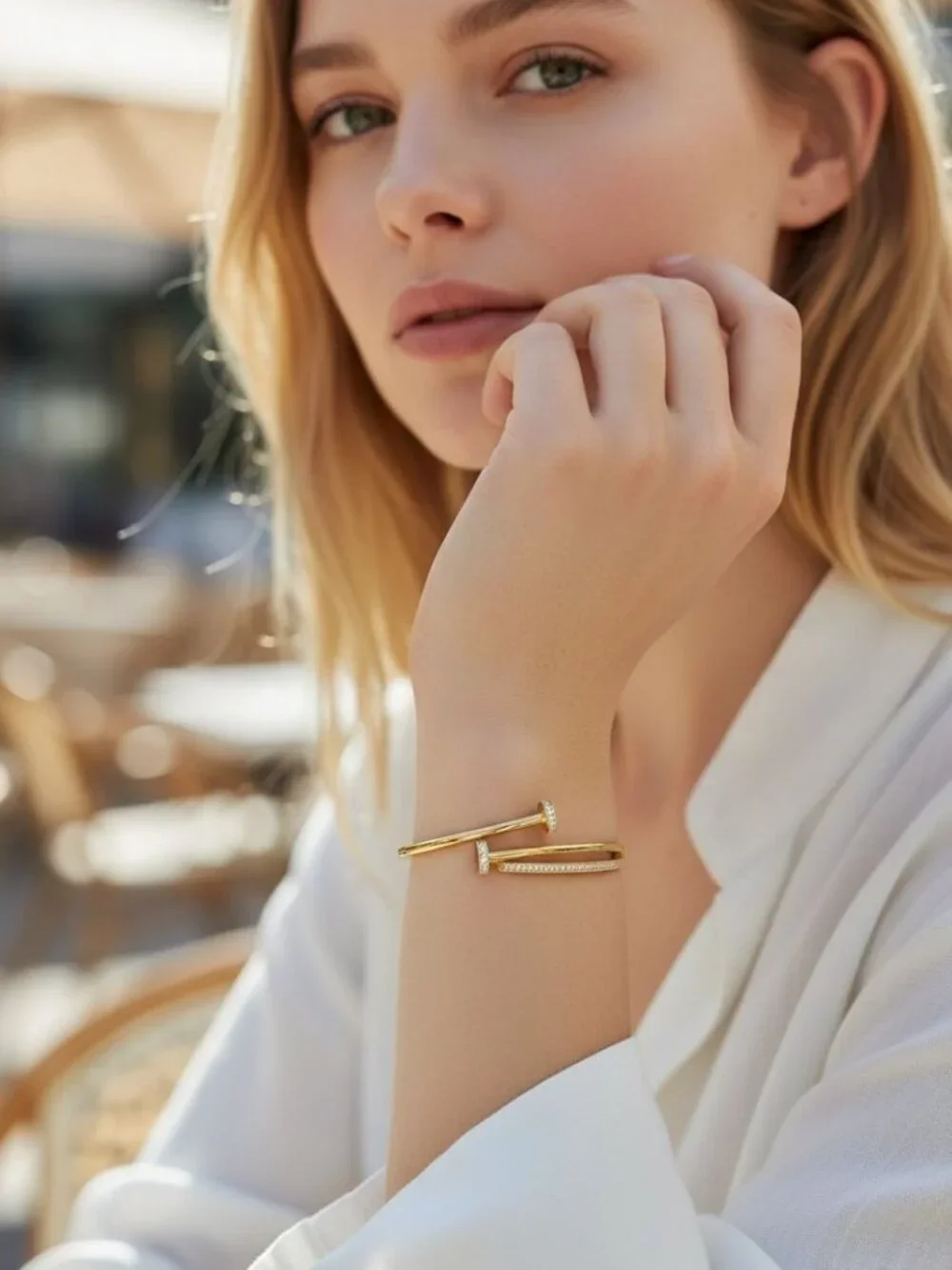 Women 18K Gold-Plated Crystal Pavé Nail Bangle Bracelet (H)